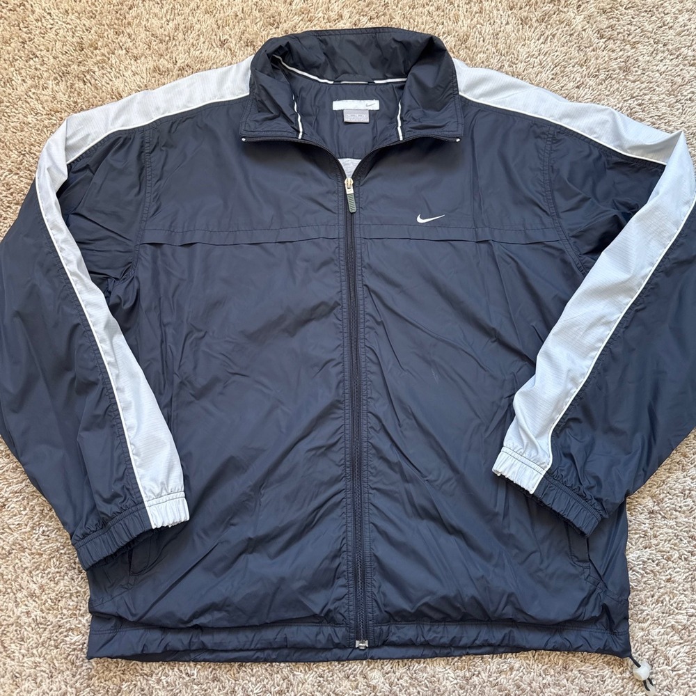 Vintage Nike Windbreaker Jacket Navy Blue Grey Full Zip XL Mens Retro Swoosh
